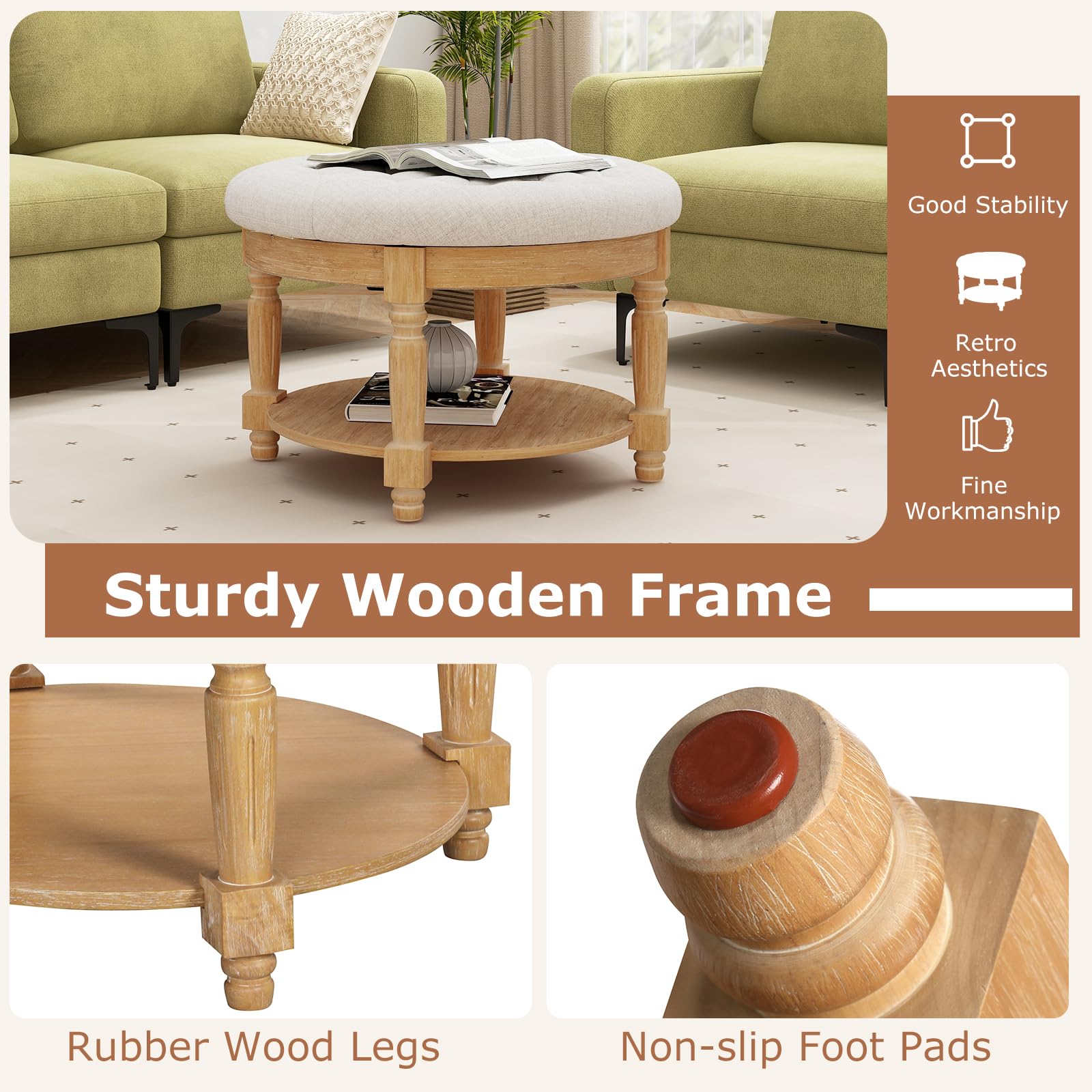 Giantex Large Ottoman Coffee Table - 29 inch Oversized Round Ottoman with Storage Shelf, Flip up Top, Wood Legs