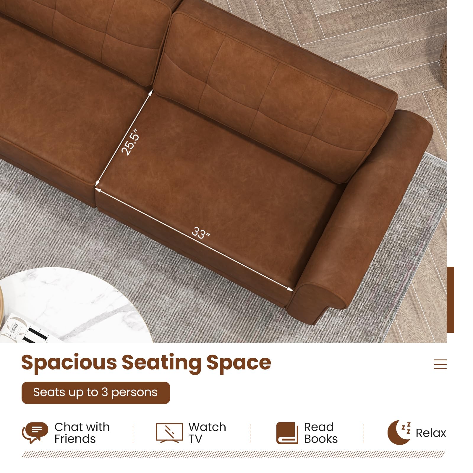 Giantex Sofa Couch, 81.5'' Upholstered 3-Seater Sofa Couch with Faux Leather (Brown)