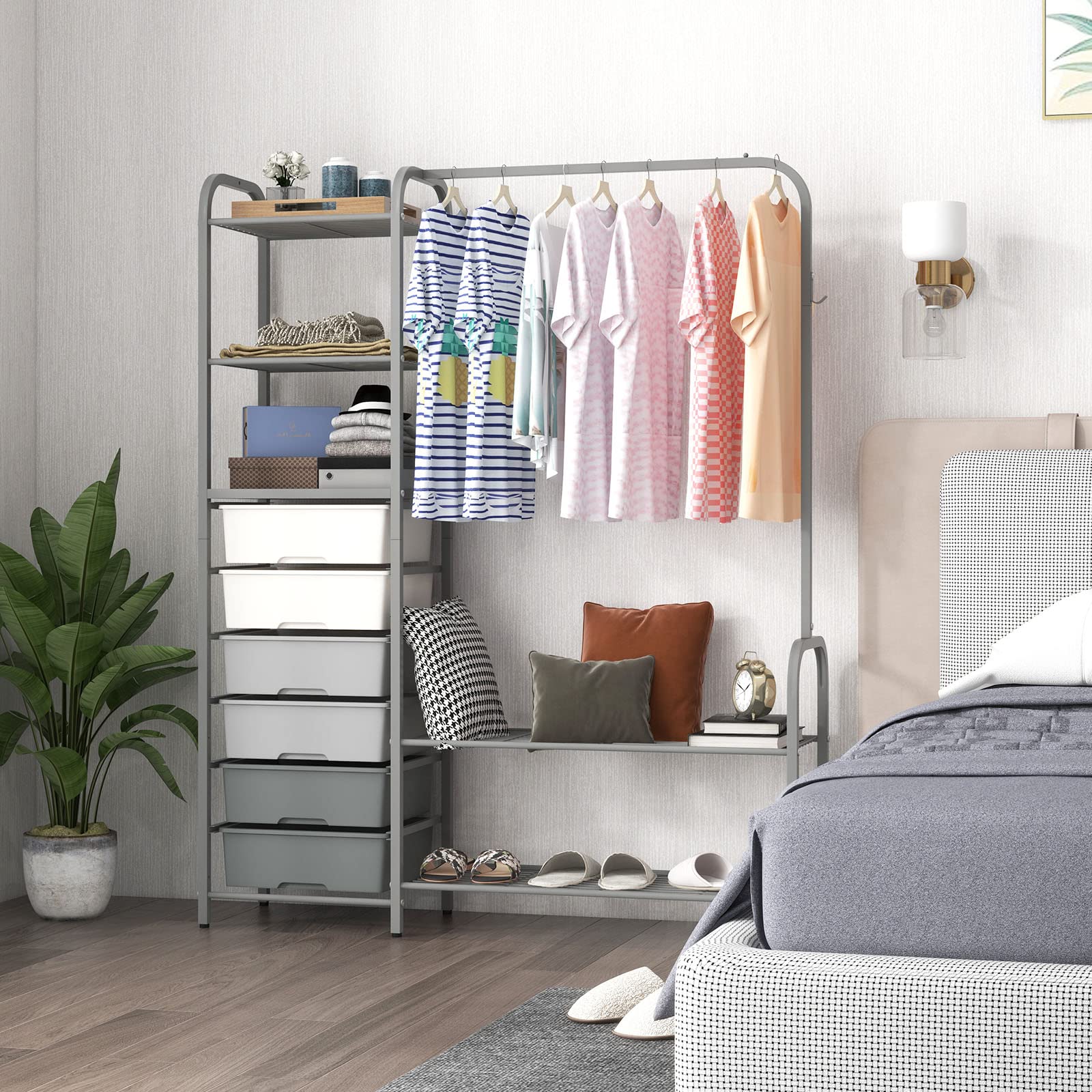 Giantex Free Standing Closet Organizer, Heavy Duty Garment Rack with 6 Removable Drawers (Grey)