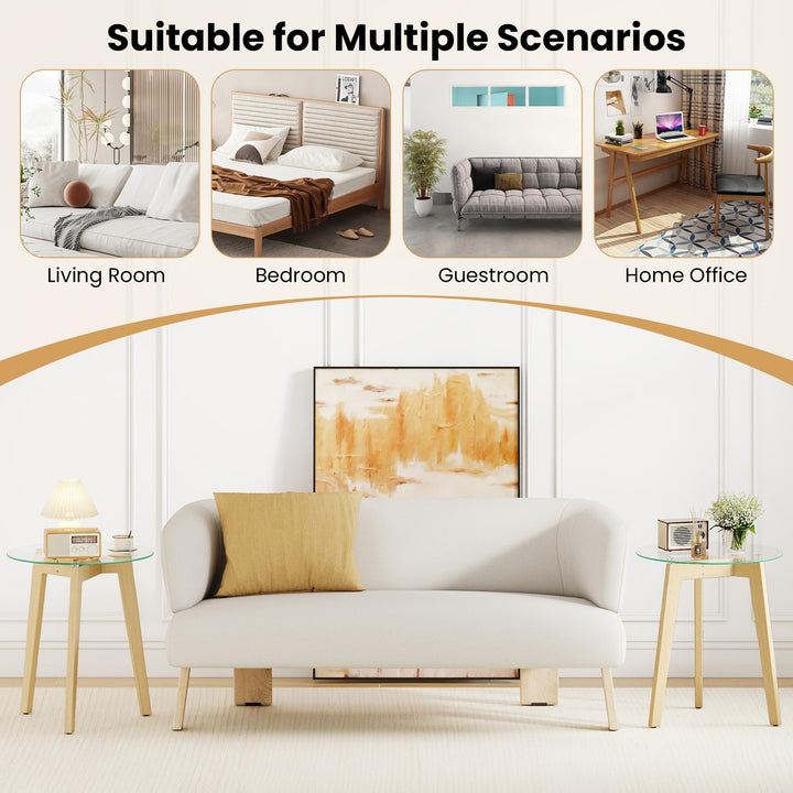 Giantex Glass Round Side Table w/Tempered Glass Top & Rubber Wood Frame