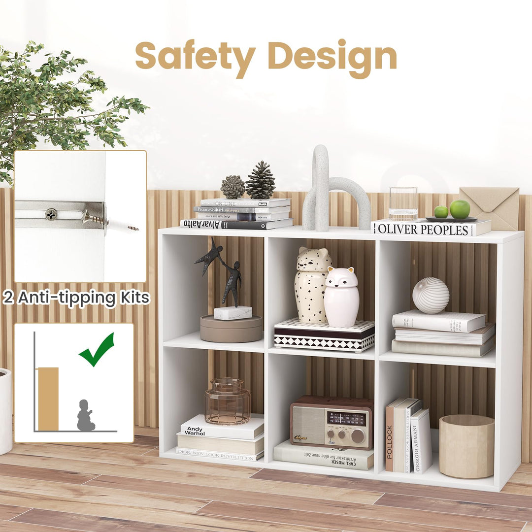 Giantex 6-Cube Bookcase, White Cubby Bookshelf w/Back Guardrail & Anti-Tipping Kits