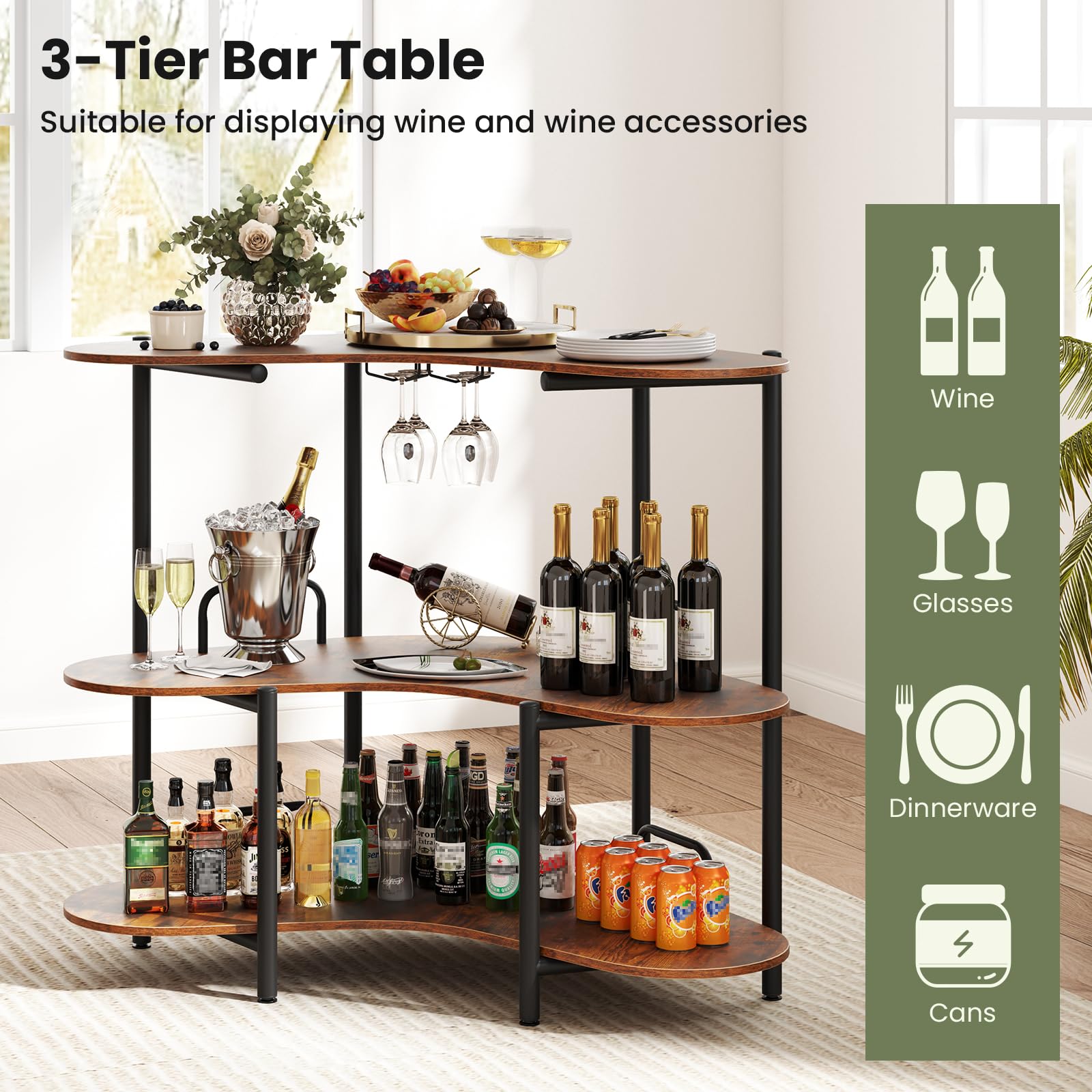 Giantex 3-Tier Bar Table, Corner Bar Cabinet, Liquor Home Bar Unit with Stemware Racks & Storage Shelves
