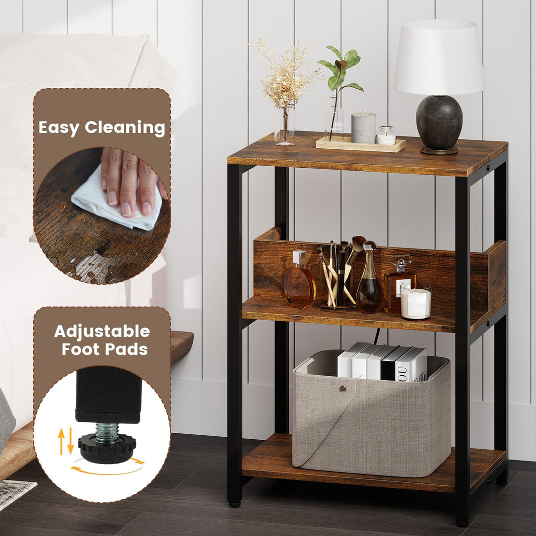 Giantex Side Table with Charging Station - Industrial 3-Tier Bedside Table w/Open Storage Shelves