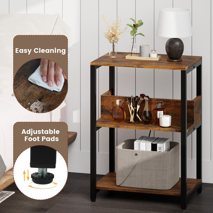 Giantex Side Table with Charging Station - Industrial 3-Tier Bedside Table w/Open Storage Shelves
