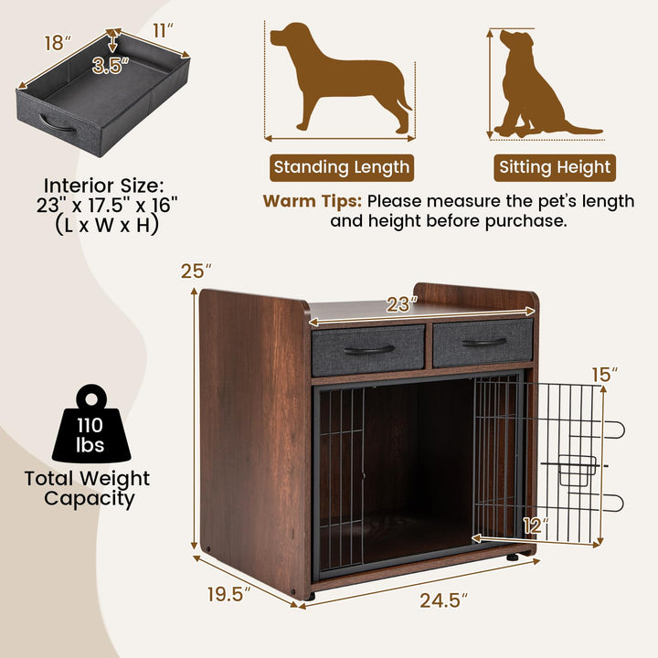 Giantex Dog Crate Furniture - Wooden Dog Cage End Table with 2 Storage Drawers