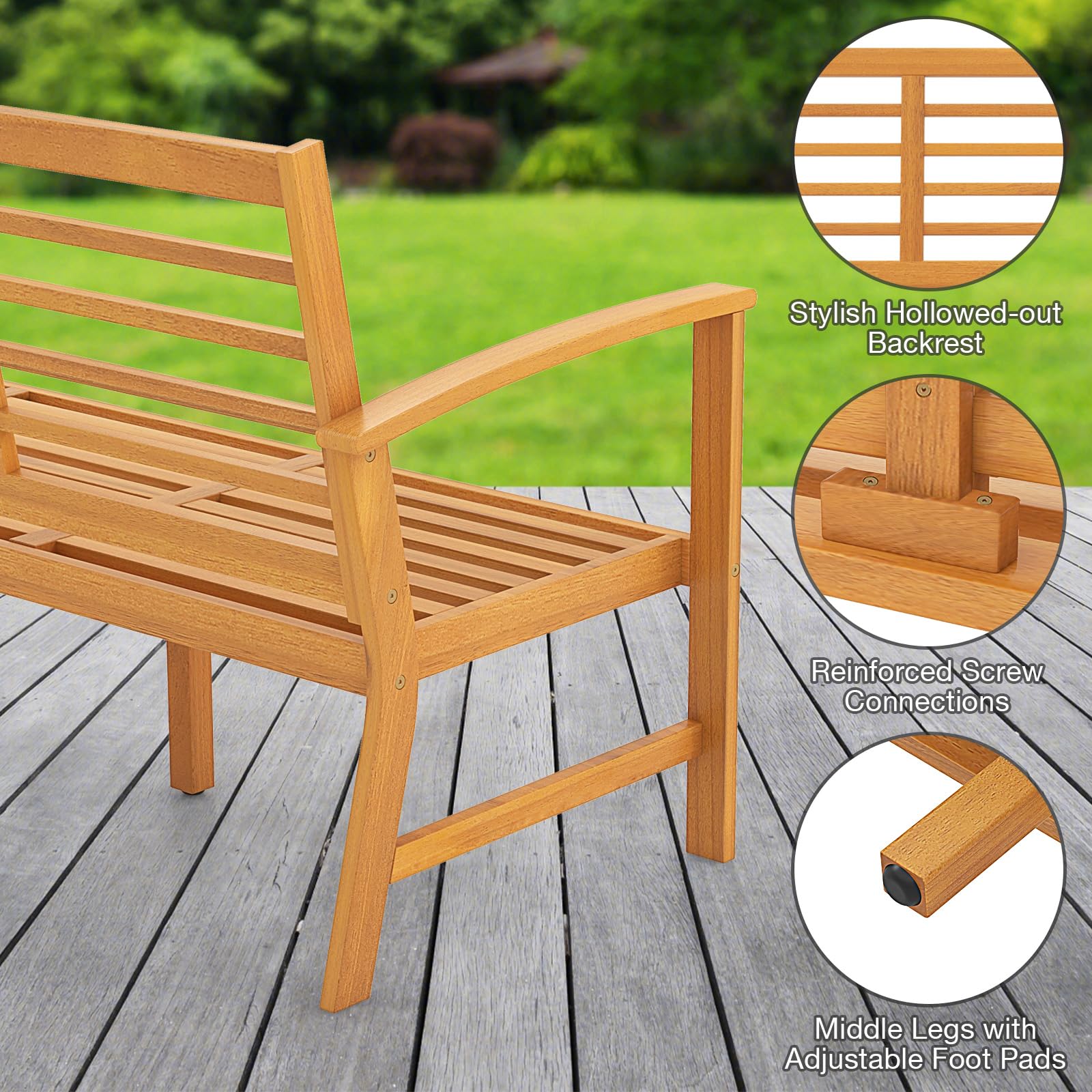 Giantex Acacia Wood Outdoor Bench, 3-Seat Patio Bench with Removable Cushion
