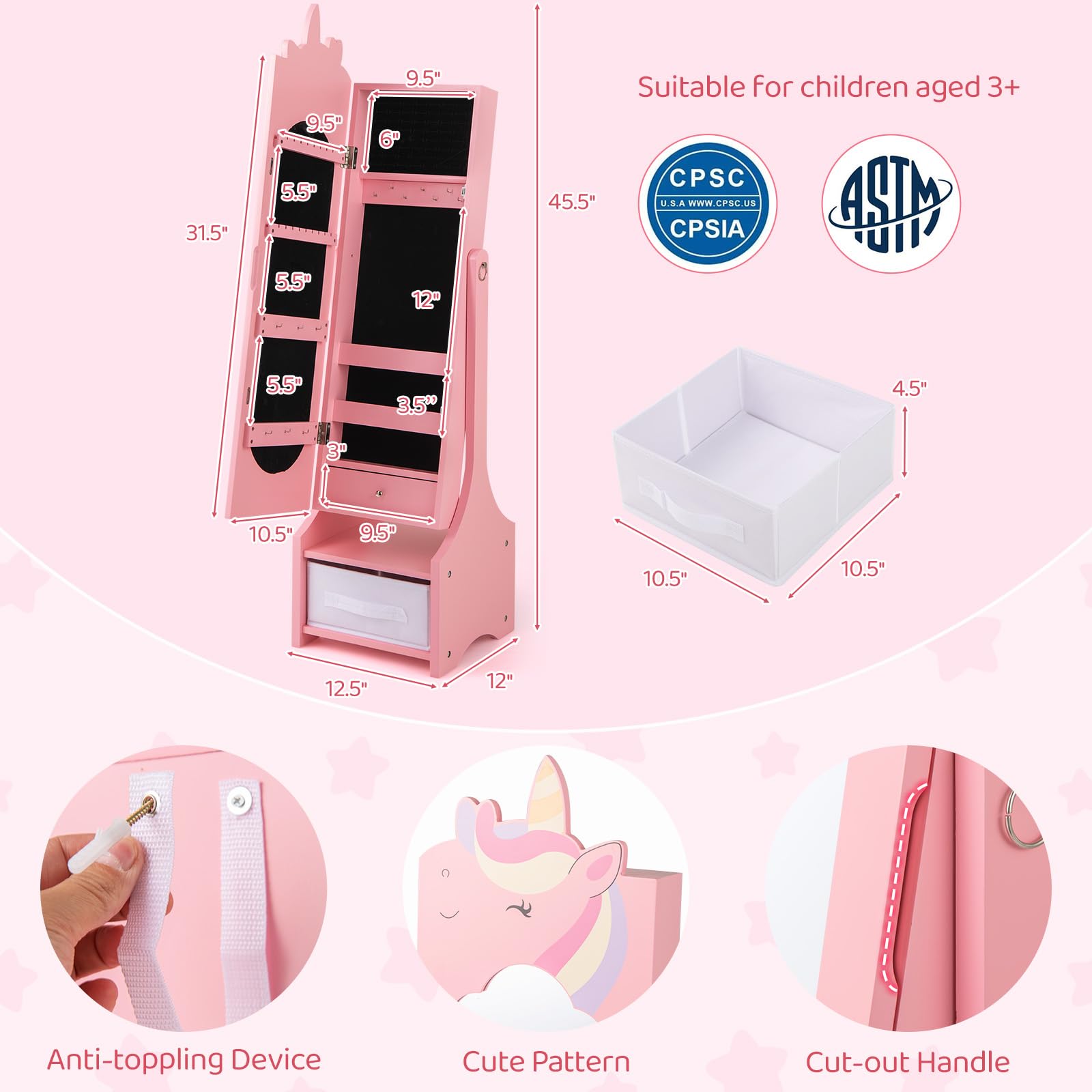 CHARMAID Kids Mirror Jewelry Cabinet - 45.5'' Full Length Mirror with Jewelry Storage