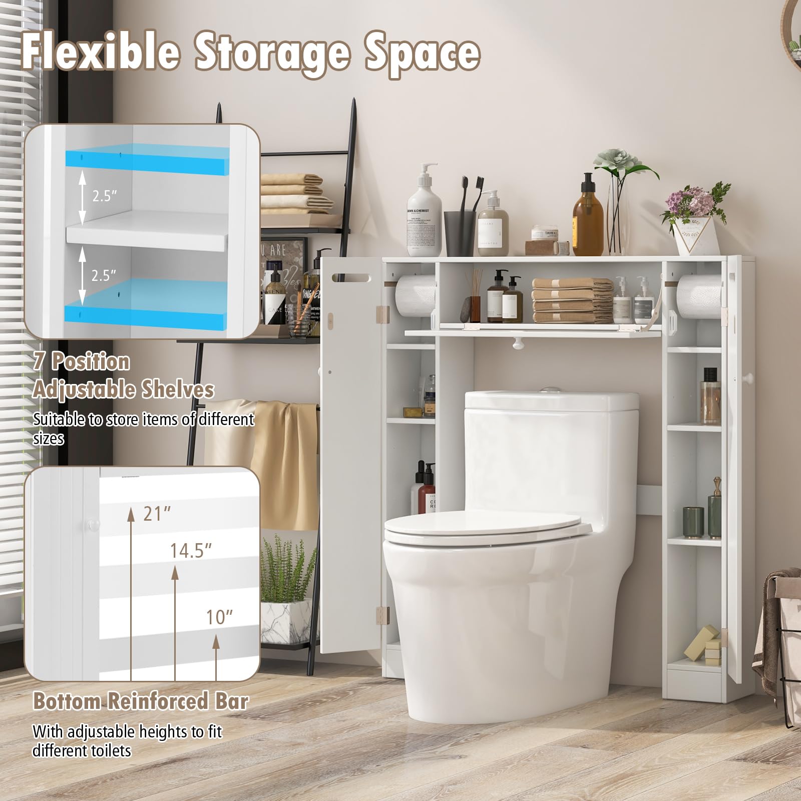 Over-The-Toilet Rack Bathroom Shelf Storage Cabinet Wooden Drop Door Freestanding Spacesaver Improvements, White