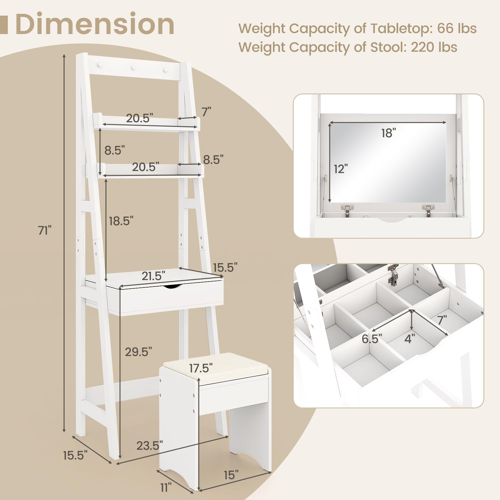 CHARMAID Small Vanity Desk with Mirror, Ladder Makeup Vanity Table with Flip top Mirror
