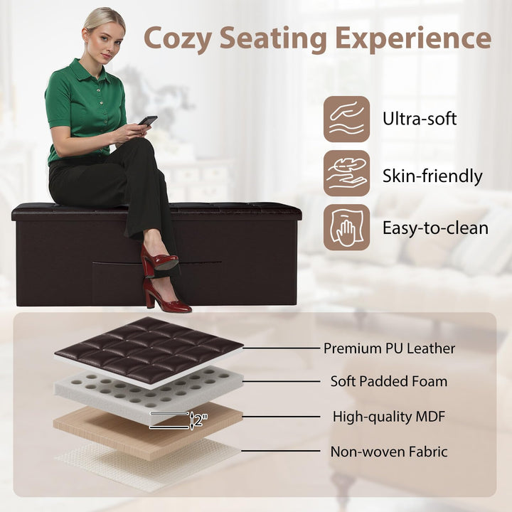 Giantex 43 Inches Folding Storage Ottoman Bench Upholstered PU Leather Storage Chest with Side Pocket