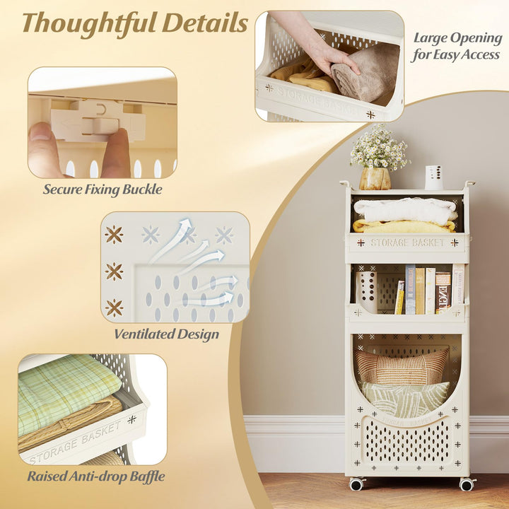 Giantex 4-Tier Rolling Laundry Cart with Wheels Folding Laundry Basket with 3 Baskets