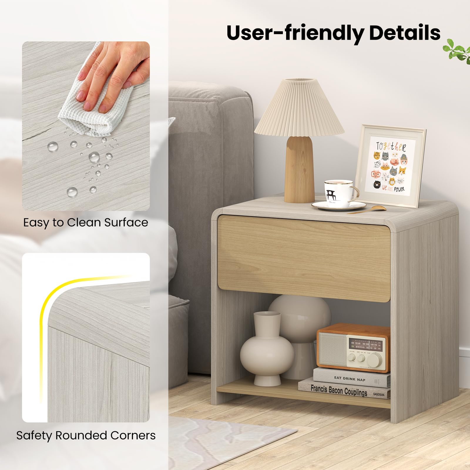 Giantex Modern Nightstand with Drawer Set of 1/2 Storage Open Shelf