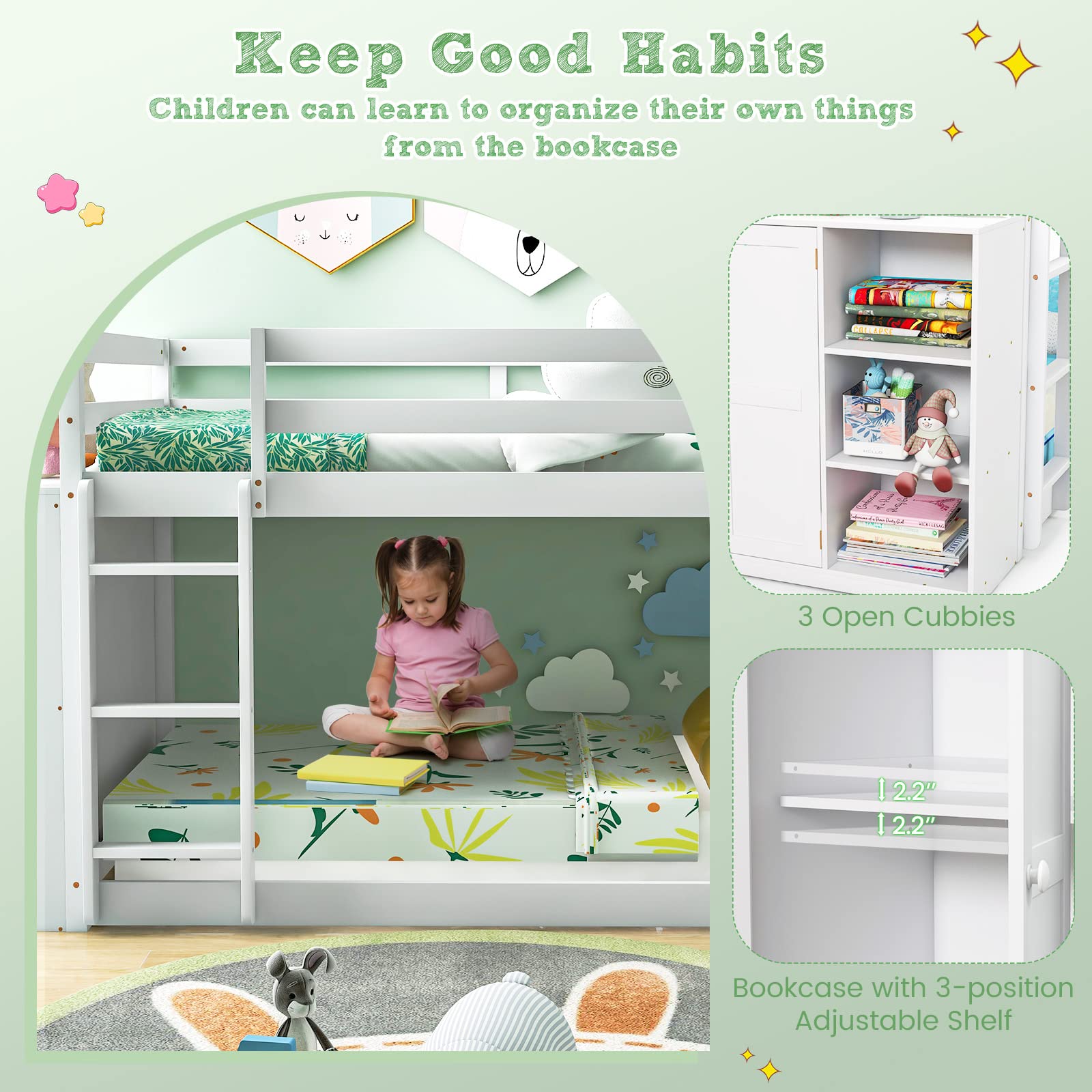 Giantex Twin Over Twin Bunk Bed with Storage Shelves, Solid Wood Bunk Bed Frame with Convertible Bookcase & Ladder, White