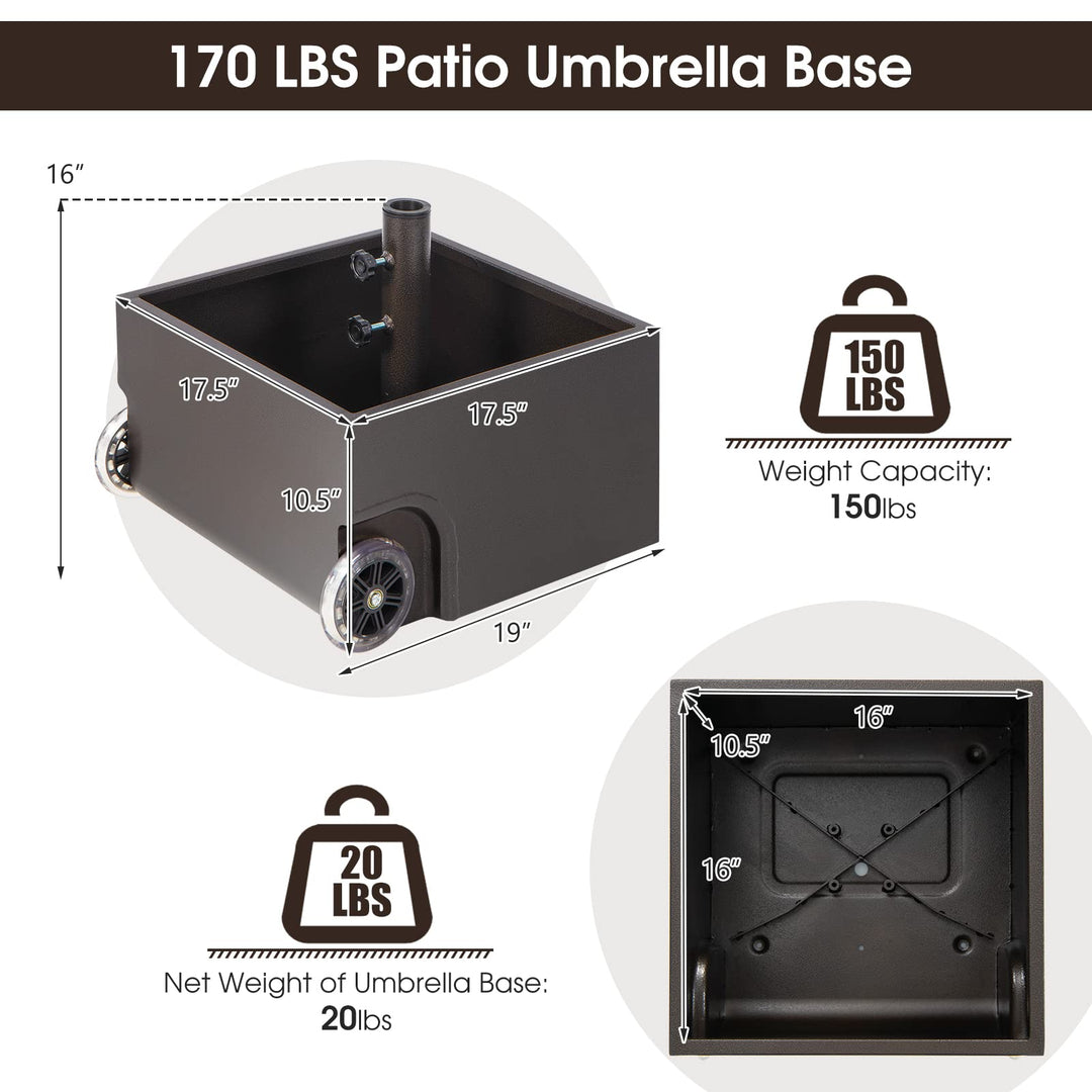 Giantex 150lbs Filled Umbrella Base with Wheels, Heavy Duty Umbrella Stand with Fillable Planter, Drainage Holes, Fit for 1.6''-2.1'' Pole
