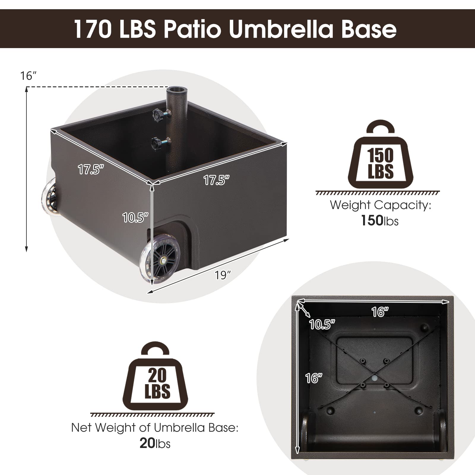 Giantex 150lbs Filled Umbrella Base with Wheels, Heavy Duty Umbrella Stand with Fillable Planter, Drainage Holes, Fit for 1.6''-2.1'' Pole