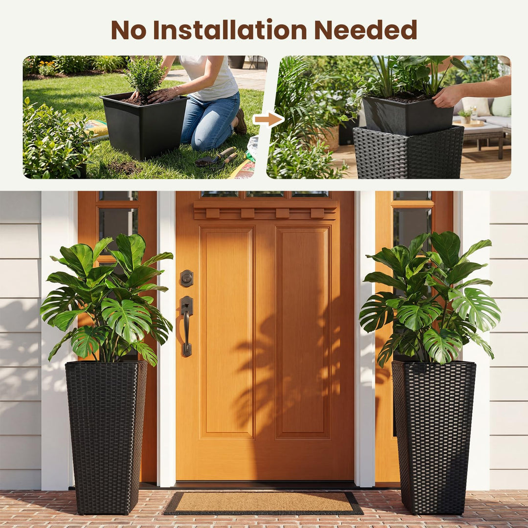 Giantex Set of 2 Rattan Tall Plant Pots with Detachable Plastic Liners