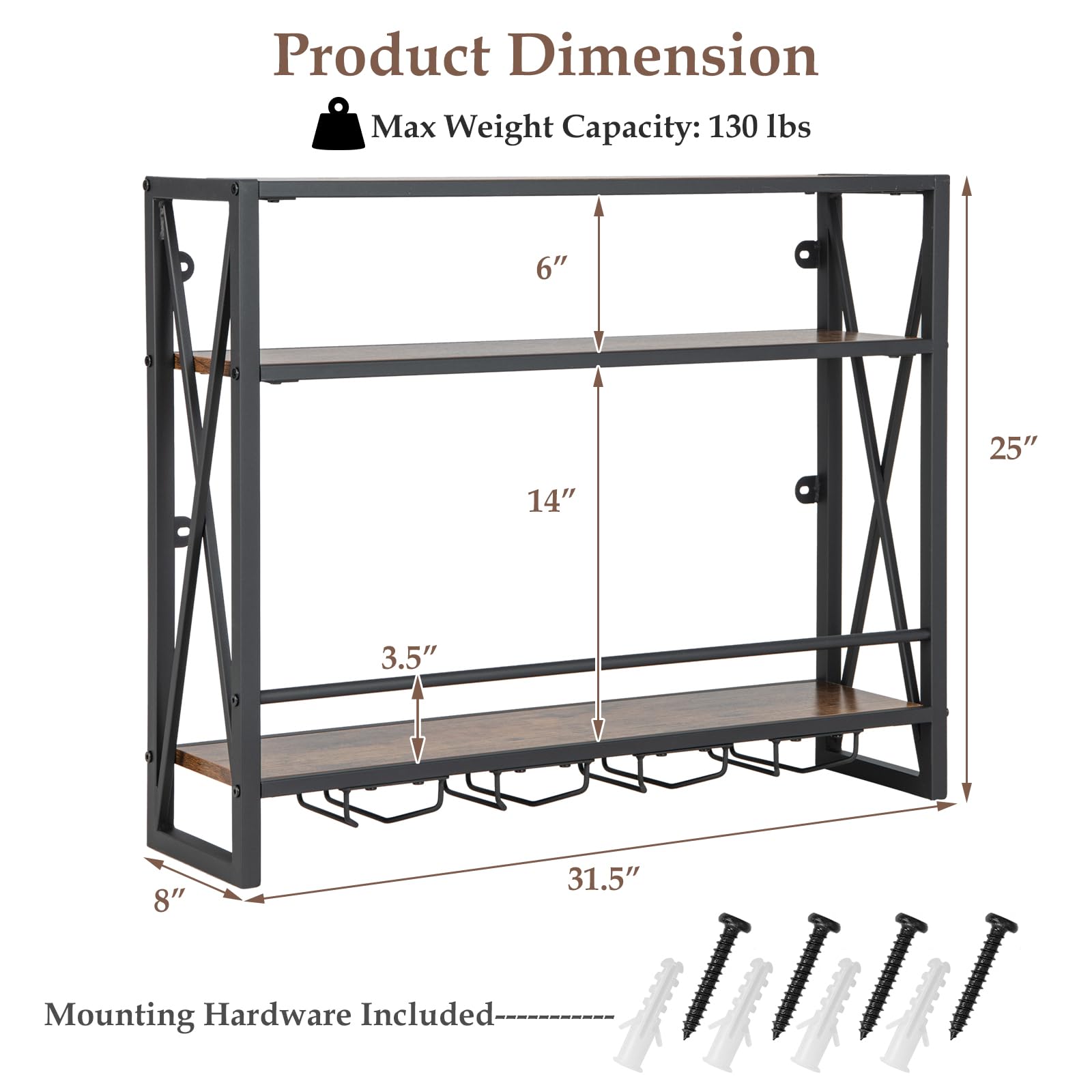 Giantex Industrial Wall-Mounted Wine Rack, 3 Tiers Metal Hanging Wine Shelf with Glass Holder