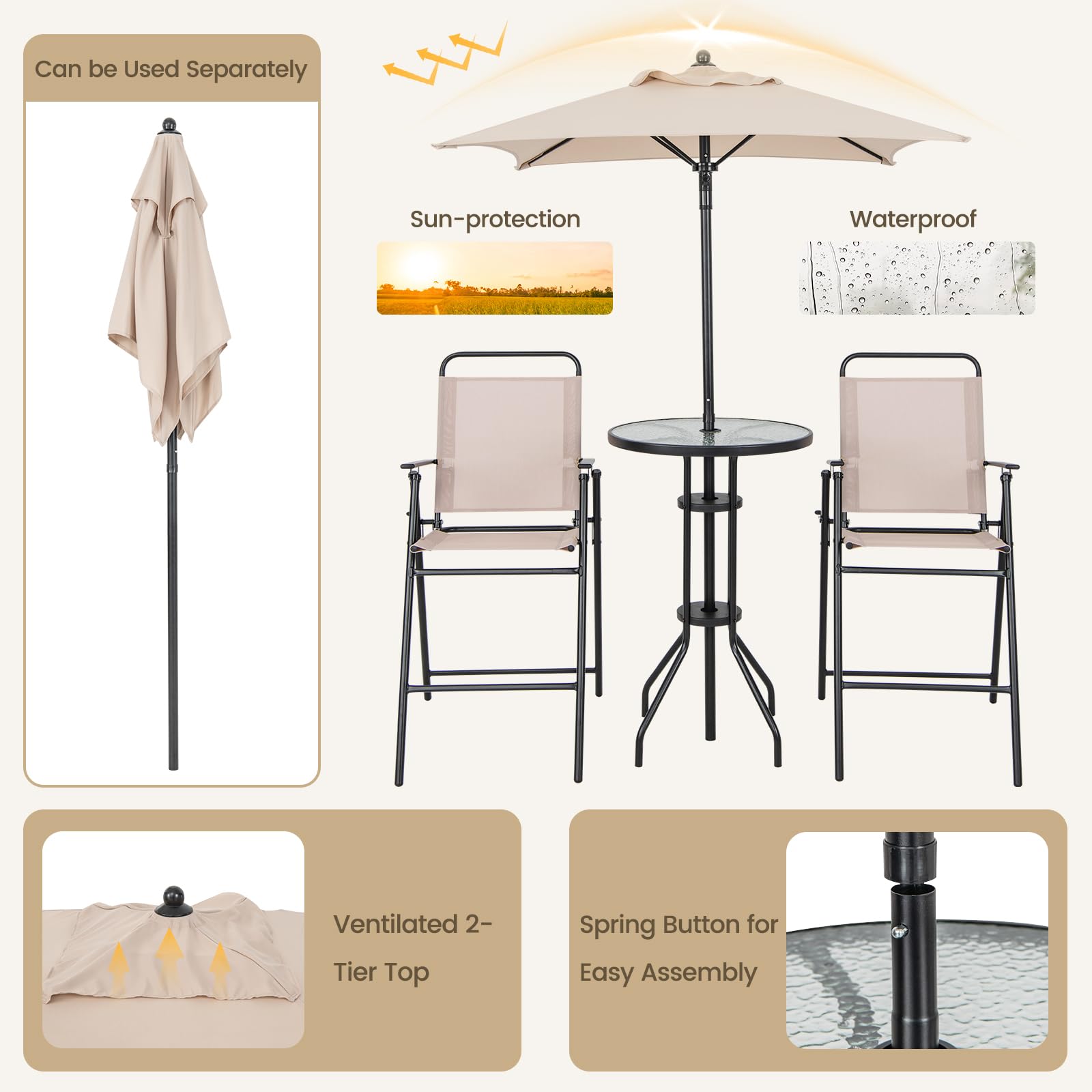 Giantex 4-Piece Outdoor Bar Set, Round High Top Bar Table with 2 Folding Counter Height Chairs & Umbrella