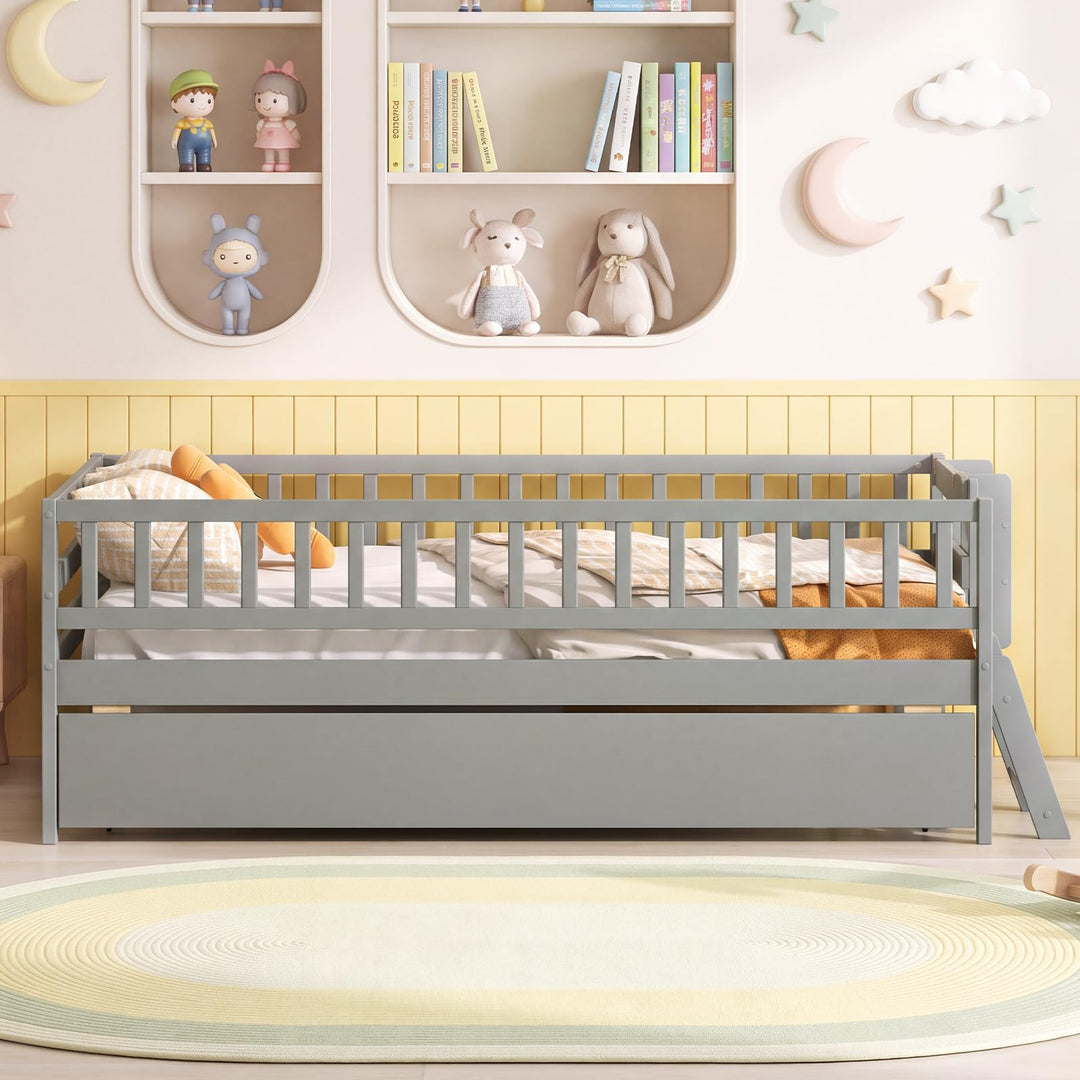 GIANTEX Trundle Bed Twin Size with Bookshelf | 2-Step Ladder for Kids