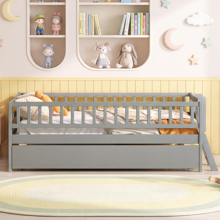GIANTEX Trundle Bed Twin Size with Bookshelf | 2-Step Ladder for Kids
