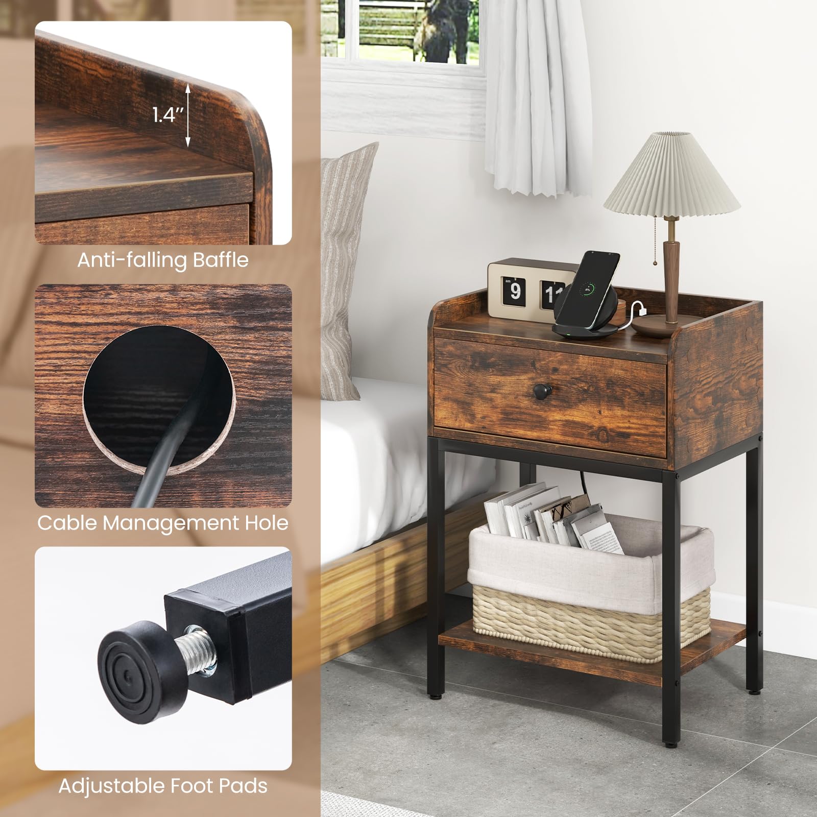 Giantex Nightstand with Charging Station, Industrial Bedside Table with Storage Drawer & Open Shelf