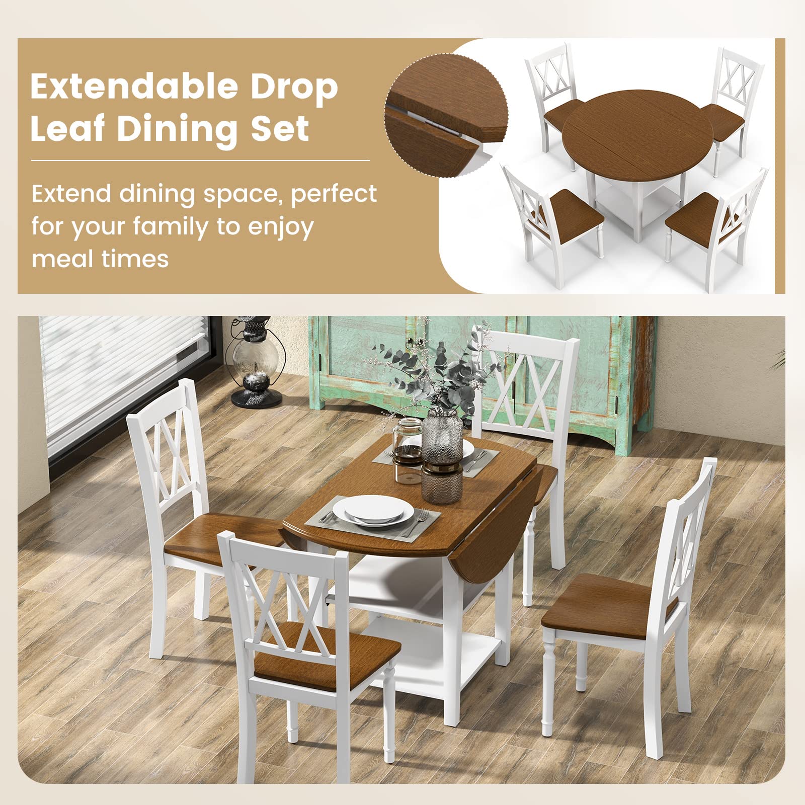 Giantex Dining Table Set for 4 w/Drop Leaf Round Kitchen Table & 4 Chairs, Dining Room Table w/Storage