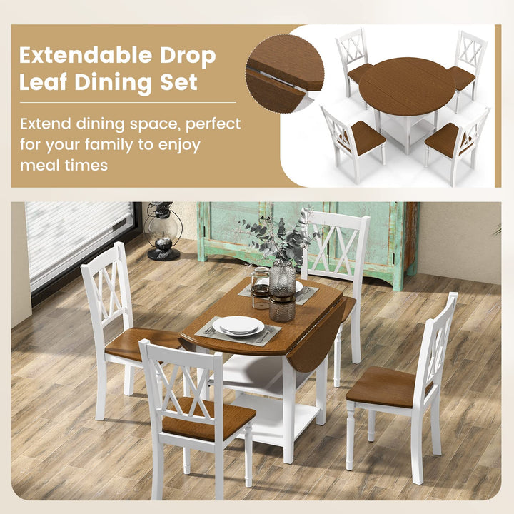Giantex Dining Table Set for 4 w/Drop Leaf Round Kitchen Table & 4 Chairs, Dining Room Table w/Storage