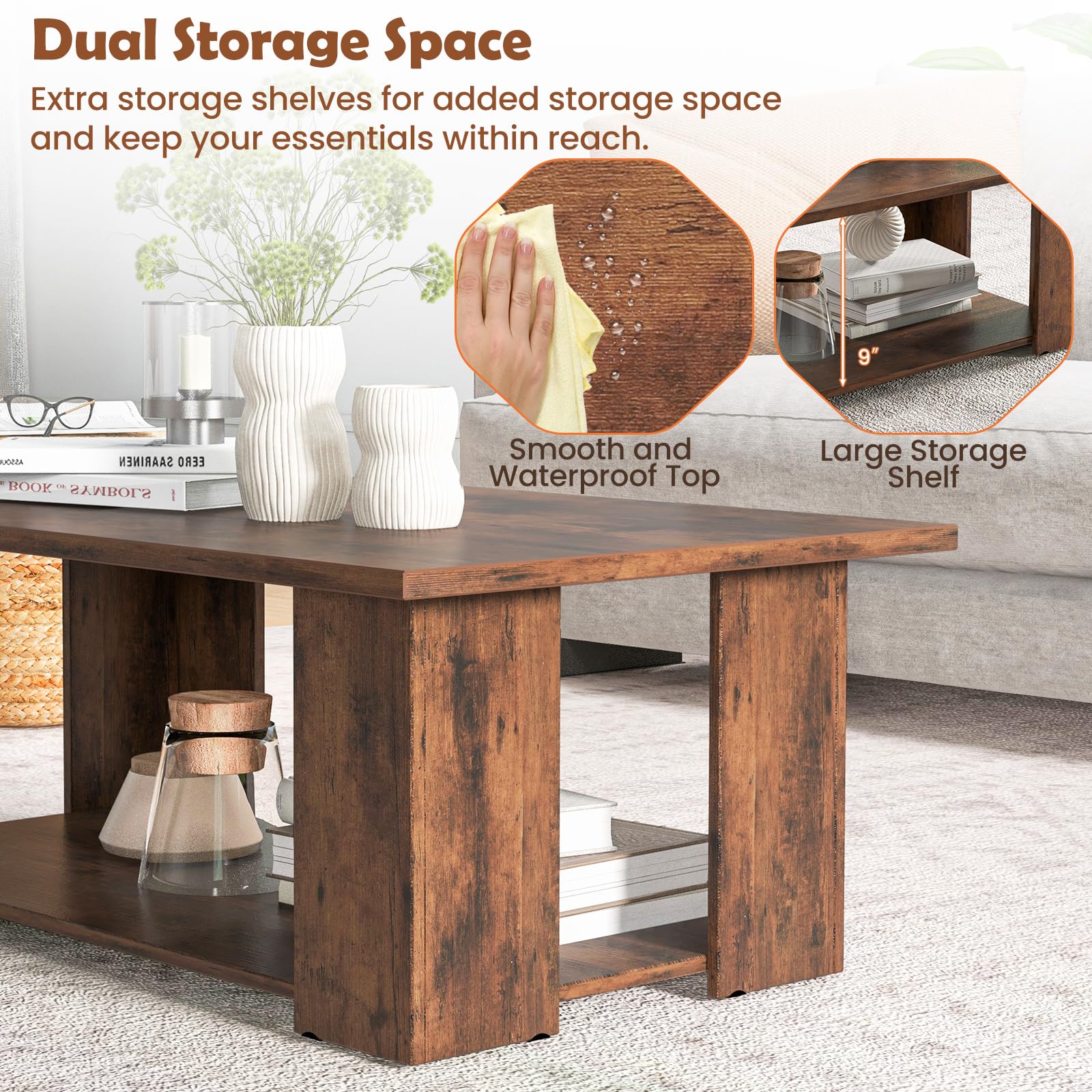 Giantex Rectangle Wood Center Table, 41" L 2-Tier Large Modern Tea Table w/Open Compartment