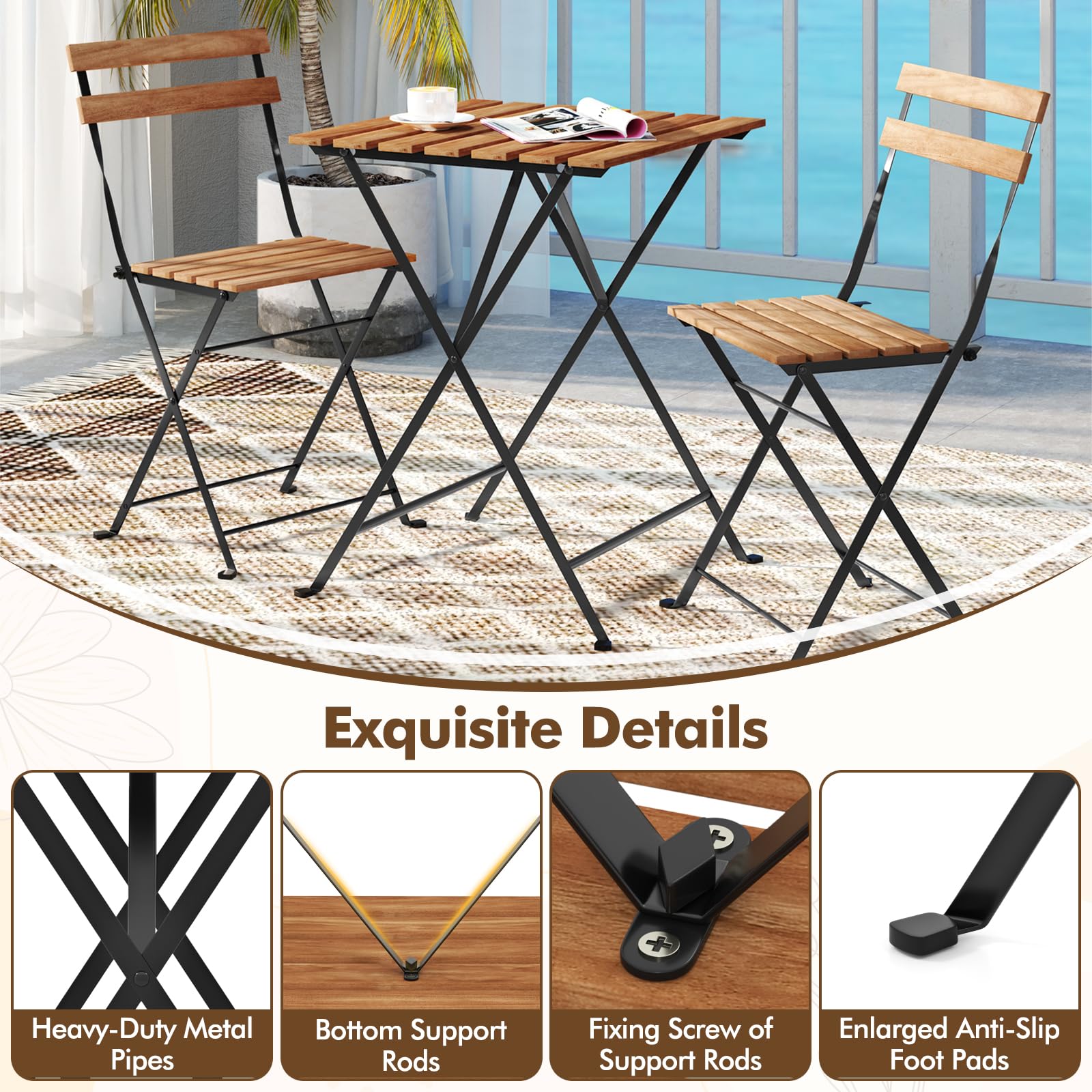 Giantex 3-Piece Acacia Wood Bistro Set with 2 Folding Chairs, Slatted Seat & Tabletop
