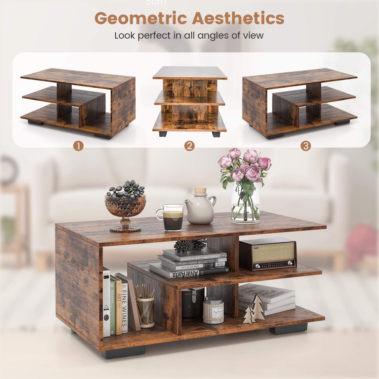 Giantex Coffee Table with Storage, Modern Rectangular Accent Table with L-shaped Middle Shelf