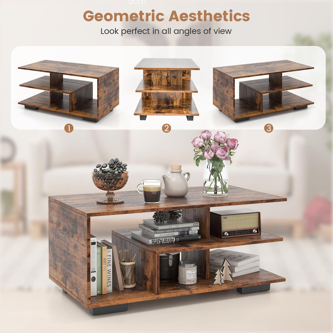 Giantex Coffee Table with Storage, Modern Rectangular Accent Table with L-shaped Middle Shelf