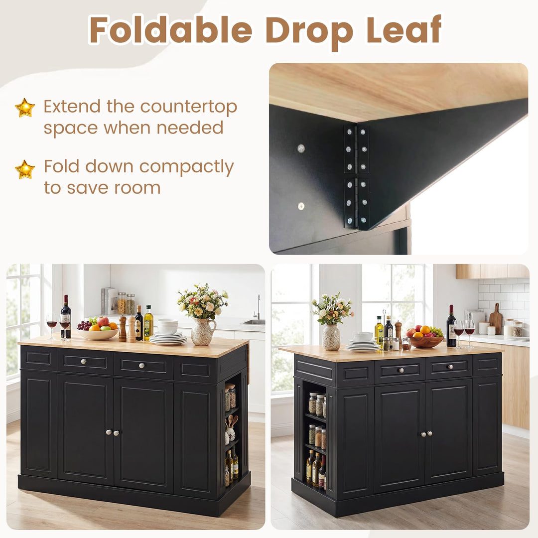 Giantex Kitchen Island with Drop Leaf, Rubber Wood Top, 2 Drawers, Storage Cabinets