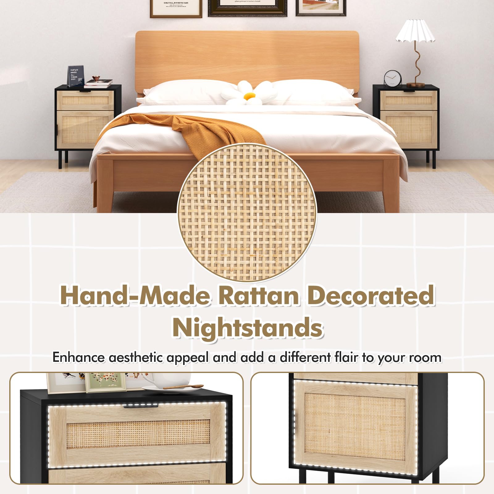 Giantex Rattan Nightstand Set of 2, Mid Century Modern End Table with Drawer & Cabinet, Sofa Side Table with Sturdy Metal Legs