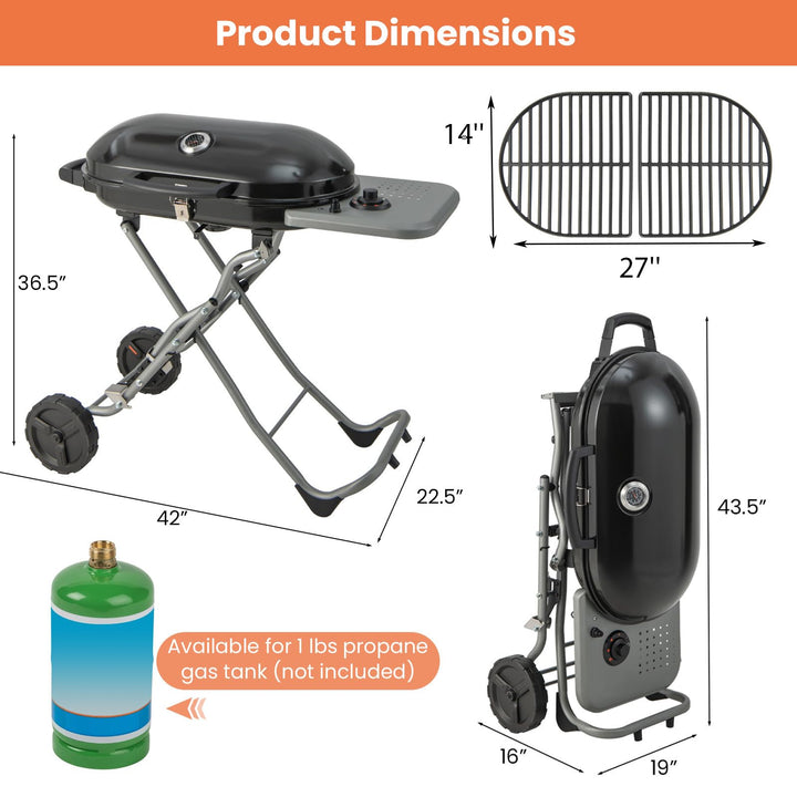 Giantex Gas Grill, Portable Propane Grill with 15,000 BTUs Burner, Side Table, 2 Wheels, Grease Tray