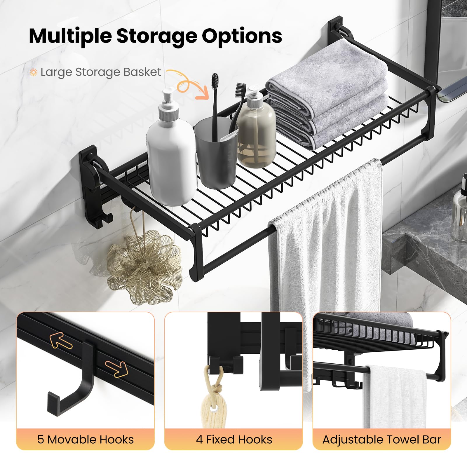 Giantex Foldable Towel Rack for Bathroom, Wall Mounted Towel Holder Organizer w/ 1 Basket, 1 Towel Bar & 5 Sliding Hooks