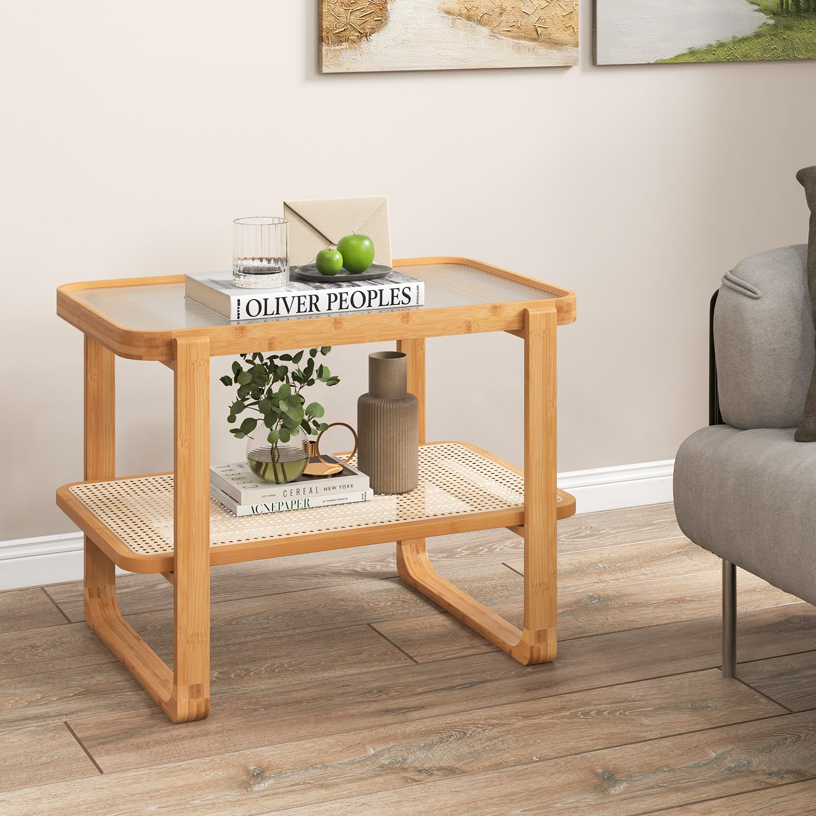 Giantex Rattan Side Table, Boho End Table with Glass Top and 2-Tier Storage Shelves