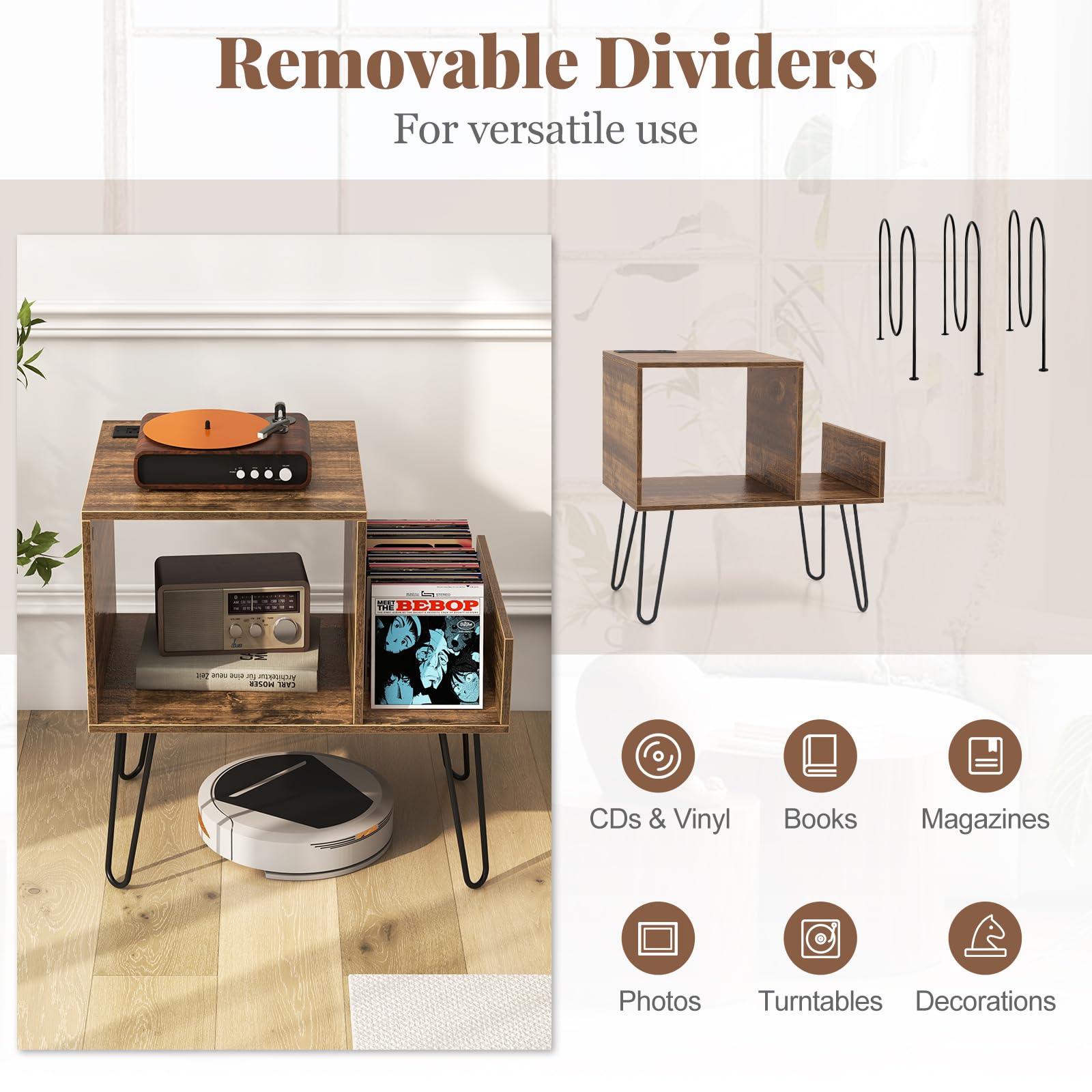 Giantex Record Player Stand with Charging Station, Turntable Stand with Vinyl Divider & Display Shelf