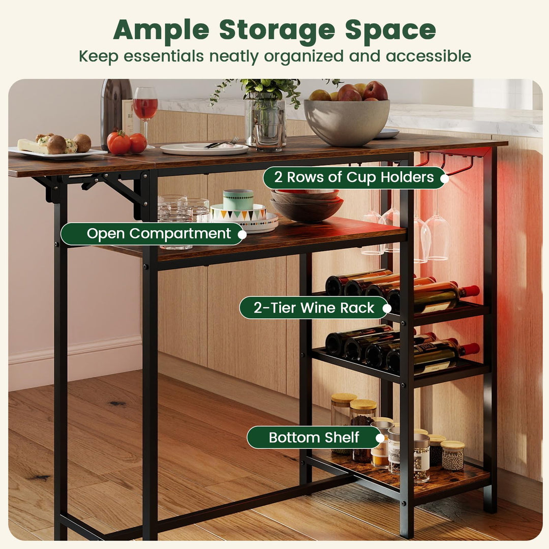 55" Drop-Leaf Counter Height Bar Table with LED Light and Remote Control for Small Space