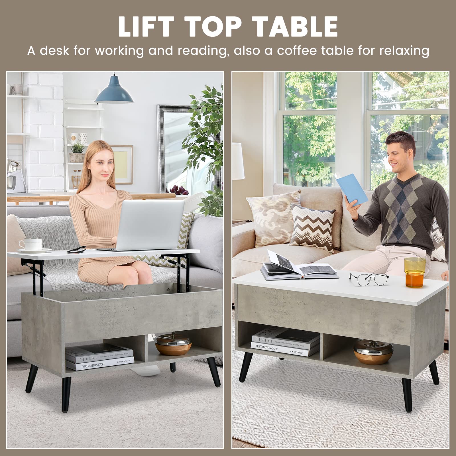 Giantex Lift Top Coffee Table, Modern Cocktail Table w/Hidden Compartment & 2 Open Shelves