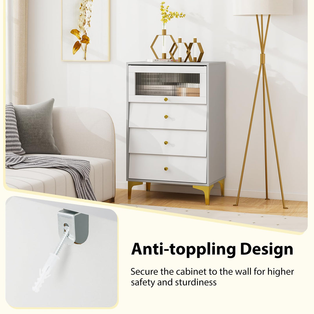 Giantex 3 Drawer Dresser, Modern Storage Cabinet w/Flip Up Fluted Glass Door & Pull-Out Drawers