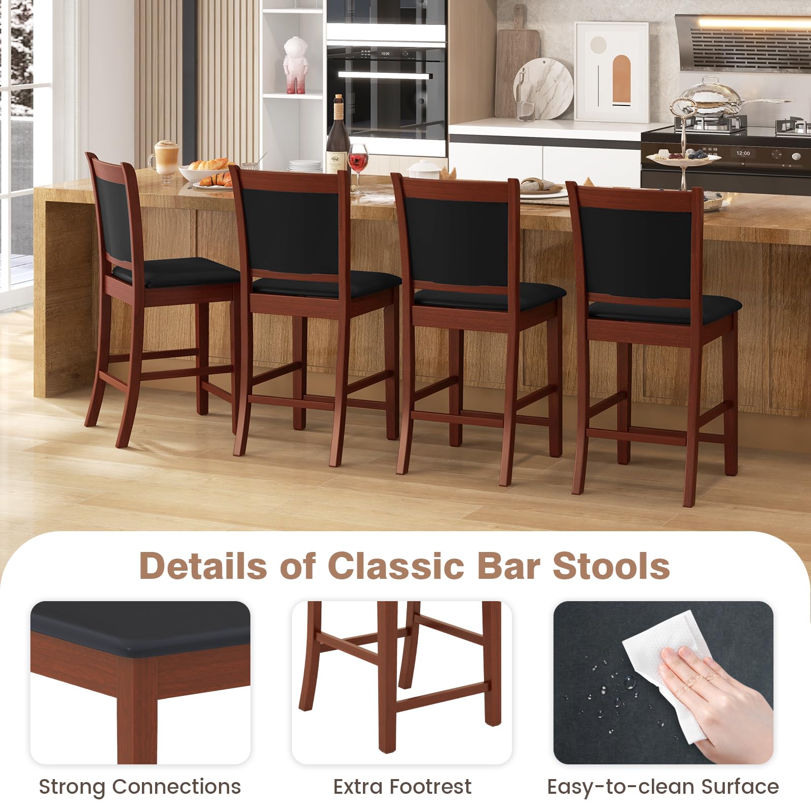 Giantex 24.5" Bar Stools Set of 2, Upholstered Counter Height Bar Stools w/Faux Leather Cushion & Footrest