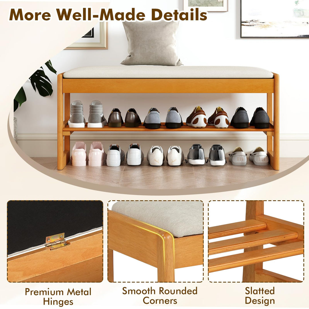 Giantex Rubberwood  Shoe Rack Bench with Linen Seat Cushion