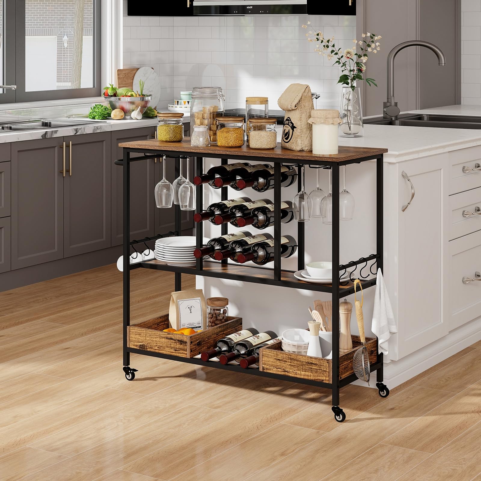 Giantex Bar Cart, 3 Tier Home Serving Cart on Wheels with Handle