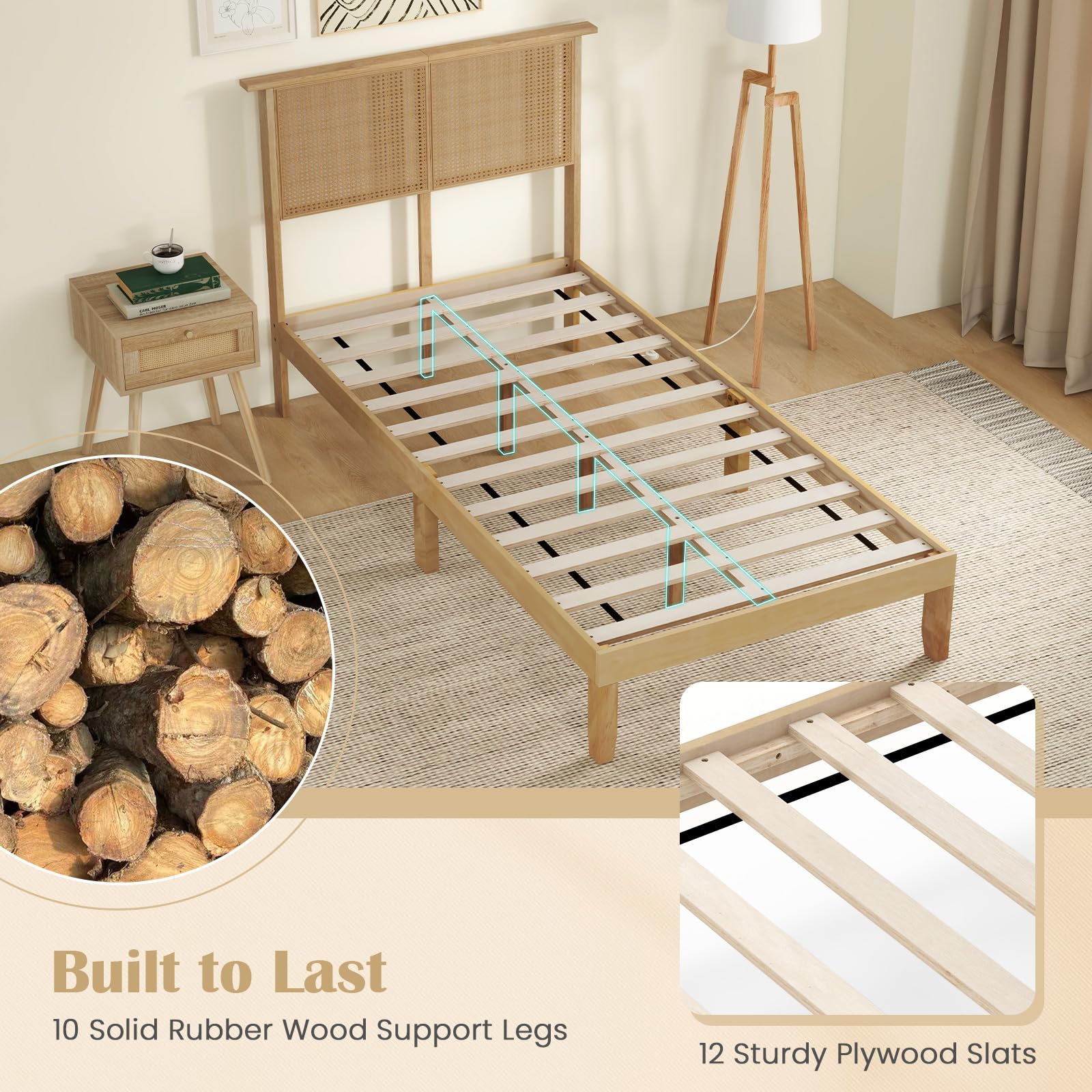 Giantex Bed Frames with Rattan Headboard, Boho Solid Wood Platform Bed with Wooden Slats