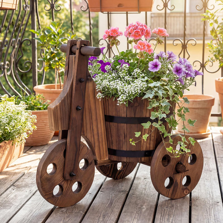 Giantex Wooden Wagon Planter with Wheels Rustic Wood Plant Stand(Solid Wheel)