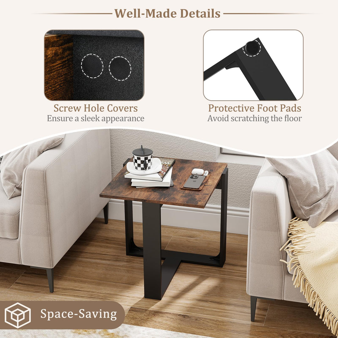 Giantex Rustic Brown Square Industrial Side Table w/T-Shape Metal Frame