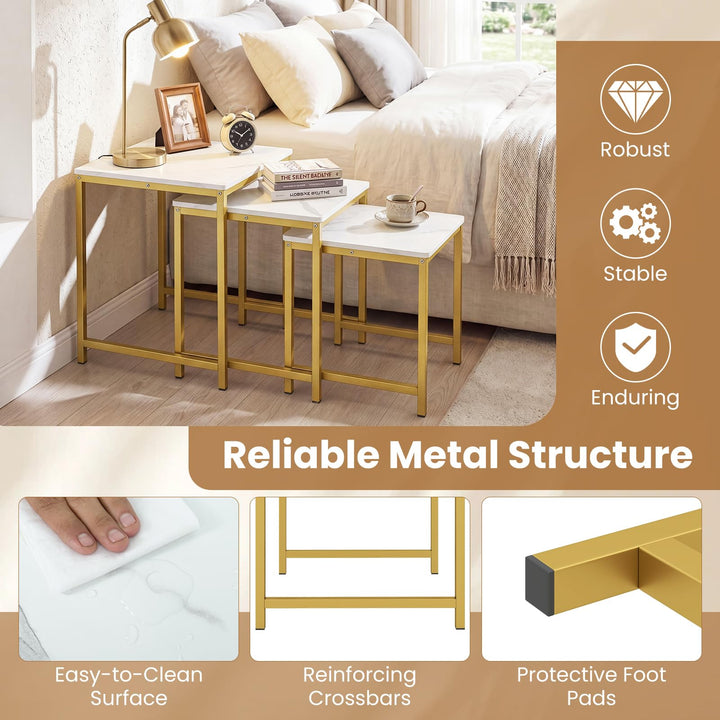 Giantex Nesting Coffee Table Set of 3 | Faux Marble Coffee Table with Metal Frame