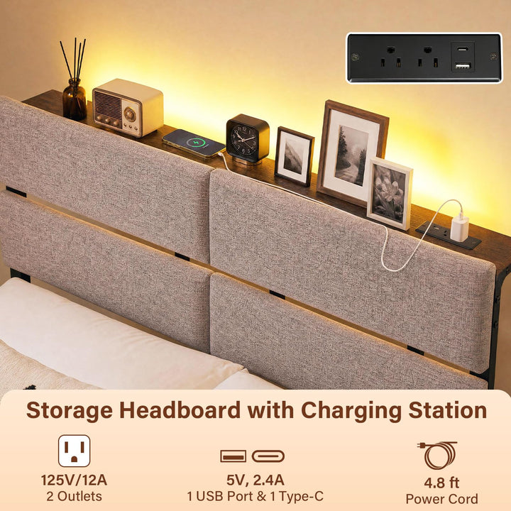 Full Size Metal Bed Frame with Upholstered Headboard &amp; Charging Station