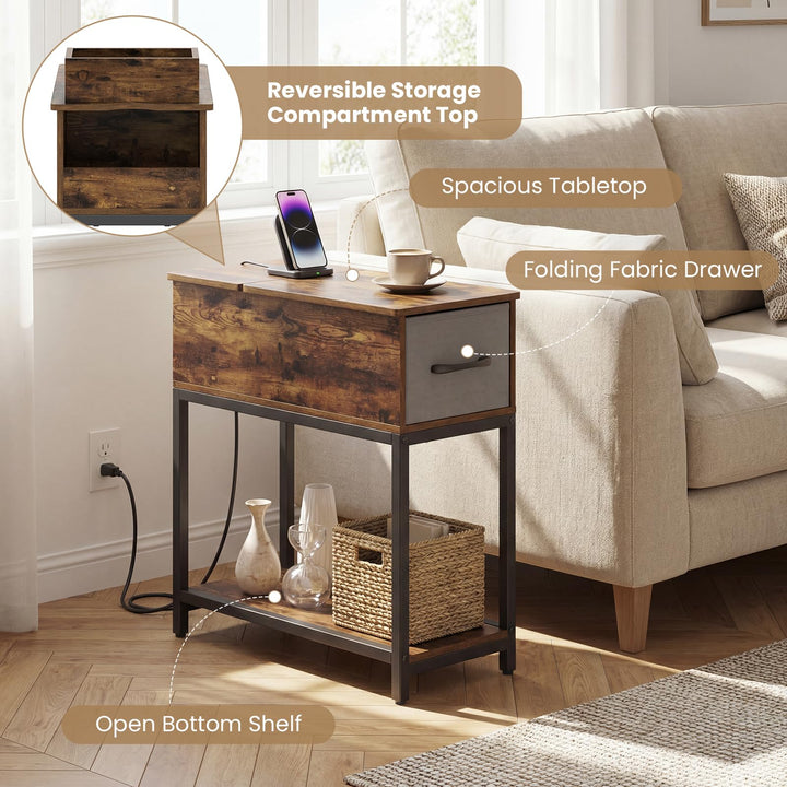 Giantex Narrow Side Table with Charging Station and LED Lights Industrial End Table