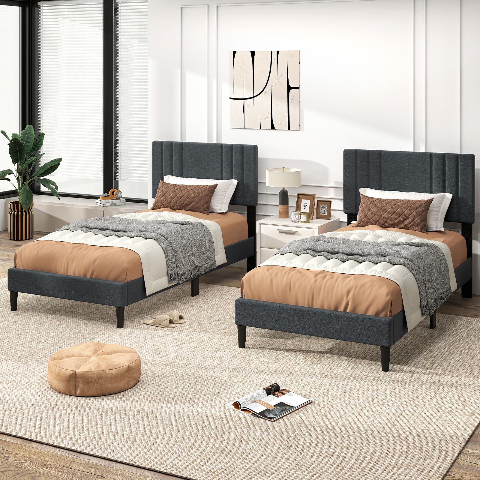 Giantex Modern Upholstered Platform Bed Frame with Vertical Channel Tufted Headboard